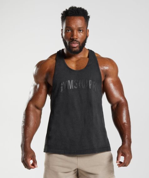 Men's Gymshark Power Washed Stringer Tanks Black | CA D153A6